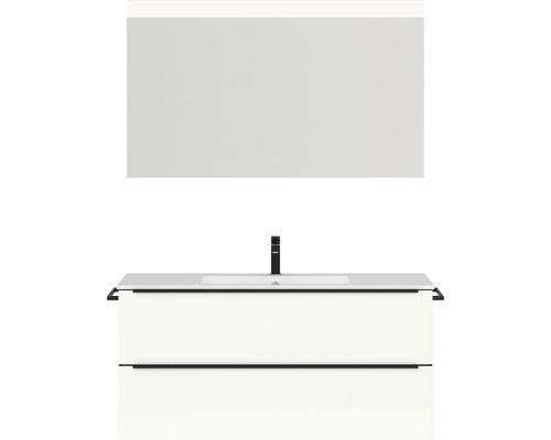 Badmöbel-Set NOBILIA Programm 1 BxHxT 121 x 169,1 x 48,7 cm Frontfarbe weiß hochglanz mit Möbel-Waschtisch weiß und Spiegel mit LED-Beleuchtung Griffleiste schwarz 131