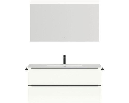 Badmöbel-Set NOBILIA Programm 1 BxHxT 121 x 169,1 x 48,7 cm Frontfarbe weiß hochglanz mit Möbel-Waschtisch weiß und Spiegel mit LED-Beleuchtung Griffleiste schwarz 131 Waschtisch mit Unterschrank und LED Spiegel für das Badezimmer