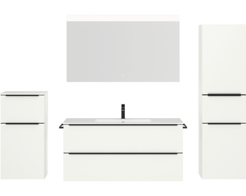 Badmöbel-Set NOBILIA Programm 1 BxHxT 230 x 169,1 x 48,7 cm Frontfarbe weiß matt mit Möbel-Waschtisch weiß und Spiegel mit LED-Beleuchtung Midischrank Unterschrank Griffleiste schwarz 145