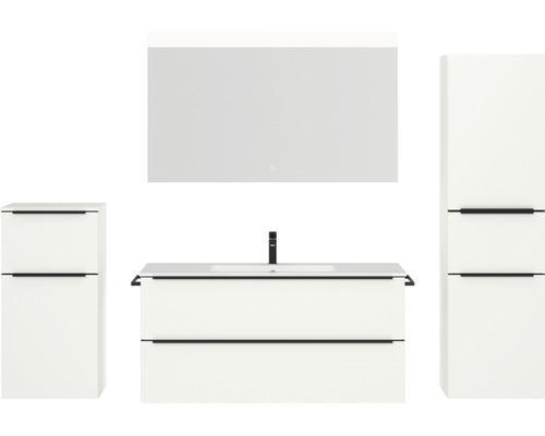 Badmöbel-Set NOBILIA Programm 1 BxHxT 230 x 169,1 x 48,7 cm Frontfarbe weiß matt mit Möbel-Waschtisch weiß und Spiegel mit LED-Beleuchtung Midischrank Unterschrank Griffleiste schwarz 145 Badezimmer-Set mit Waschbeckenunterschrank, Spiegelschrank und Hochschrank