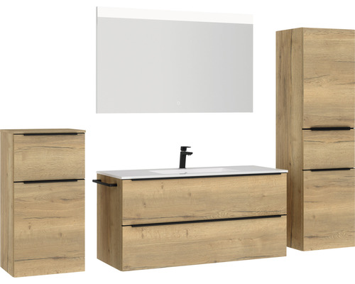 Badezimmermöbelset mit Waschtischunterschrank, Waschbecken, Spiegelschrank und Hochschränken im Holzdesign