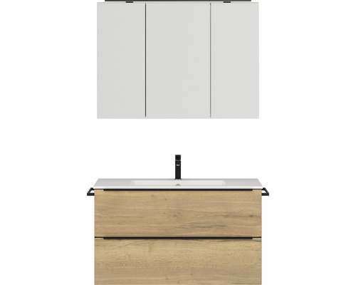 Badmöbel-Set NOBILIA Programm 1 BxHxT 101 x 169,1 x 48,7 cm Frontfarbe eiche natur mit Möbel-Waschtisch und Spiegelschrank 3-türig mit LED-Beleuchtung Griffleiste schwarz 103 Badmöbel-Set NOBILIA Programm 1 BxHxT 101 x 169,1 x 48,7 cm Frontfarbe eiche natur mit Möbel-Waschtisch und Spiegelschrank 3-türig mit LED-Beleuchtung Griffleiste schwarz 103