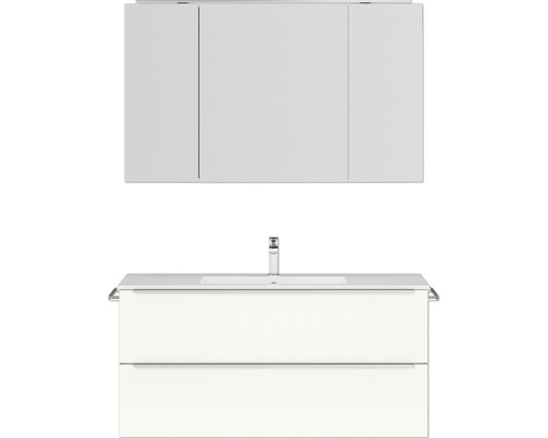 Badmöbel-Set NOBILIA Programm 1 BxHxT 121 x 169,1 x 48,7 cm Frontfarbe weiß hochglanz mit Möbel-Waschtisch und Spiegelschrank 3-türig mit LED-Beleuchtung Griffleiste chrom matt 138