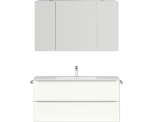 Badmöbel-Set NOBILIA Programm 1 BxHxT 121 x 169,1 x 48,7 cm Frontfarbe weiß hochglanz mit Möbel-Waschtisch und Spiegelschrank 3-türig mit LED-Beleuchtung Griffleiste chrom matt 138 Waschtischkombination mit Waschbecken und Spiegelschrank für das Badezimmer