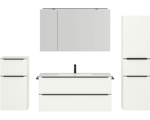 Badmöbel-Set NOBILIA Programm 1 BxHxT 230 x 169,1 x 48,7 cm Frontfarbe weiß matt mit Möbel-Waschtisch und Spiegelschrank 3-türig mit LED-Beleuchtung Unterschrank Midischrank Griffleiste schwarz 153 Badezimmerset mit Waschbeckenunterschrank, Spiegelschrank und zwei Hochschränken