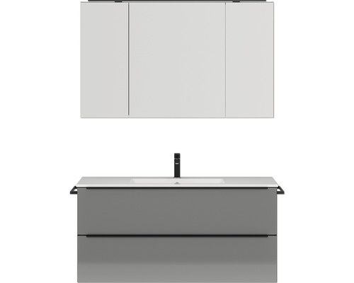 Badmöbel-Set NOBILIA Programm 1 BxHxT 121 x 169,1 x 48,7 cm Frontfarbe grau hochglanz mit Möbel-Waschtisch und Spiegelschrank 3-türig mit LED-Beleuchtung Griffleiste schwarz 141
