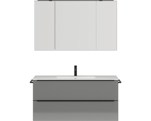 Badmöbel-Set NOBILIA Programm 1 BxHxT 121 x 169,1 x 48,7 cm Frontfarbe grau hochglanz mit Möbel-Waschtisch und Spiegelschrank 3-türig mit LED-Beleuchtung Griffleiste schwarz 141 Waschtisch mit Waschbecken und Spiegelschrank für das Badezimmer
