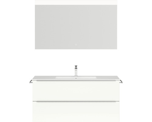 Badmöbel-Set NOBILIA Programm 1 BxHxT 121 x 169,1 x 48,7 cm Frontfarbe weiß hochglanz mit Möbel-Waschtisch weiß und Spiegel mit LED-Beleuchtung Griffleiste chrom matt 130