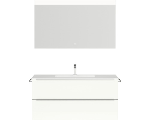 Badmöbel-Set NOBILIA Programm 1 BxHxT 121 x 169,1 x 48,7 cm Frontfarbe weiß hochglanz mit Möbel-Waschtisch weiß und Spiegel mit LED-Beleuchtung Griffleiste chrom matt 130 Badezimmer mit beleuchtetem Spiegel und Unterschrankwaschtisch