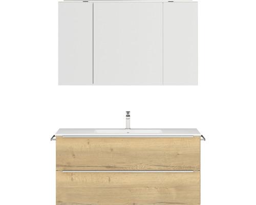 Badmöbel-Set NOBILIA Programm 1 BxHxT 121 x 169,1 x 48,7 cm Frontfarbe eiche natur mit Möbel-Waschtisch und Spiegelschrank 3-türig mit LED-Beleuchtung Griffleiste chrom matt 142 Badezimmer-Waschtischkombination mit Spiegelschrank