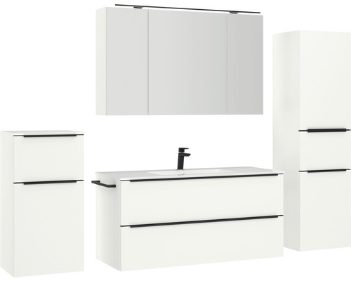 Weißes Badezimmermöbel-Set mit Waschtisch, Waschtischunterschrank, Spiegelschrank und Hochschrank