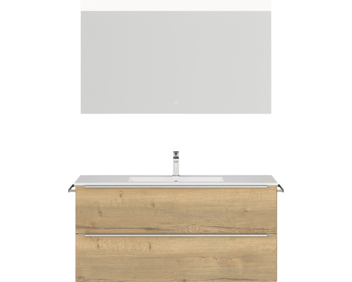 Badmöbel-Set NOBILIA Programm 1 BxHxT 121 x 169,1 x 48,7 cm Frontfarbe eiche natur mit Möbel-Waschtisch weiß und Spiegel mit LED-Beleuchtung Griffleiste chrom matt 134 Waschtischkombination mit Spiegel für das Badezimmer