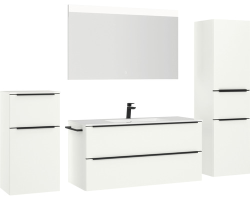 Badezimmer-Set mit Waschbeckenunterschrank, Spiegelschrank und zwei Hochschränken