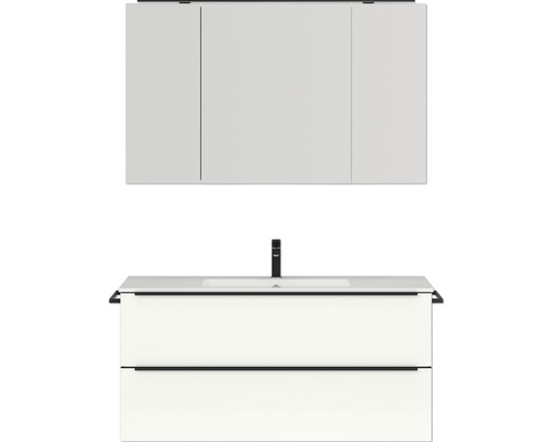 Badmöbel-Set NOBILIA Programm 1 BxHxT 121 x 169,1 x 48,7 cm Frontfarbe weiß hochglanz mit Möbel-Waschtisch und Spiegelschrank 3-türig mit LED-Beleuchtung Griffleiste schwarz 139