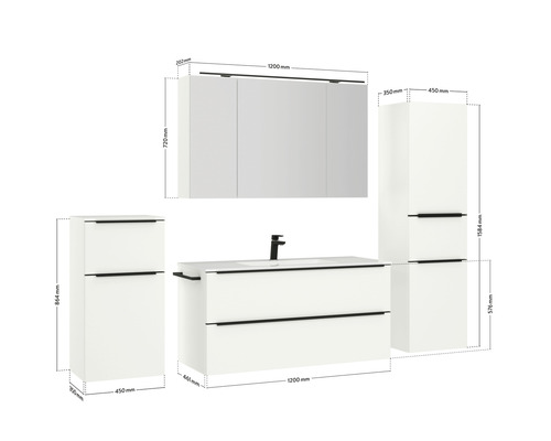 Abbildung eines Badezimmermöbel-Sets mit Waschtisch, Spiegelschrank und Hochschrank mit Maßangaben