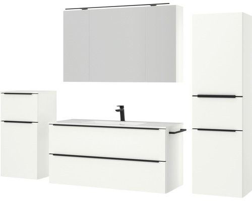 Badezimmermöbelset mit Waschtisch, Waschbecken, Spiegelschrank und Hochschrank für ein helles, modernes Badezimmer
