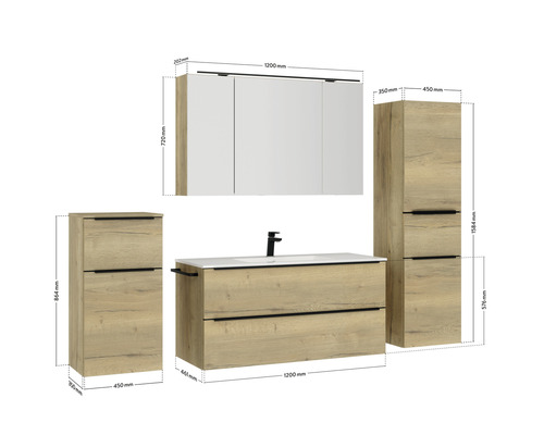 Badezimmermöbelset mit Waschtisch, Waschbecken, Spiegelschrank und Hochschrank mit Maßangaben