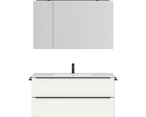 Badmöbel-Set NOBILIA Programm 1 BxHxT 121 x 169,1 x 48,7 cm Frontfarbe weiß matt mit Möbel-Waschtisch und Spiegelschrank 3-türig mit LED-Beleuchtung Griffleiste schwarz 137