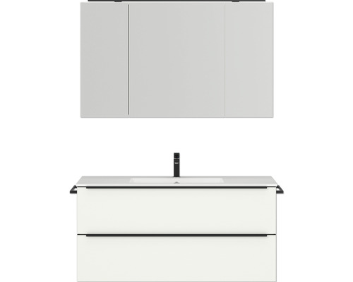 Badmöbel-Set NOBILIA Programm 1 BxHxT 121 x 169,1 x 48,7 cm Frontfarbe weiß matt mit Möbel-Waschtisch und Spiegelschrank 3-türig mit LED-Beleuchtung Griffleiste schwarz 137 Badezimmermöbel-Set mit Waschtischunterschrank, Waschbecken und Spiegelschrank