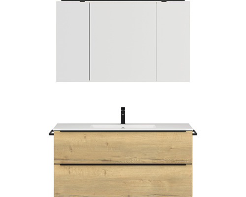 Badmöbel-Set NOBILIA Programm 1 BxHxT 121 x 169,1 x 48,7 cm Frontfarbe eiche natur mit Möbel-Waschtisch und Spiegelschrank 3-türig mit LED-Beleuchtung Griffleiste schwarz 143 Waschtischkombination mit Spiegelschrank, Holzoptik