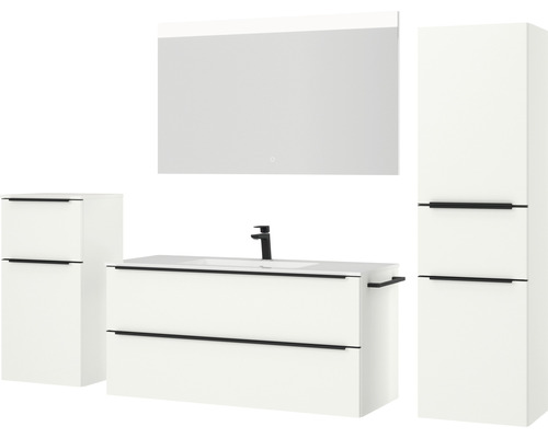Badezimmer-Set mit Waschbeckenunterschrank, Spiegelschrank und zwei Hochschränken
