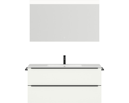 Badmöbel-Set NOBILIA Programm 1 BxHxT 121 x 169,1 x 48,7 cm Frontfarbe weiß matt mit Möbel-Waschtisch weiß und Spiegel mit LED-Beleuchtung Griffleiste schwarz 129