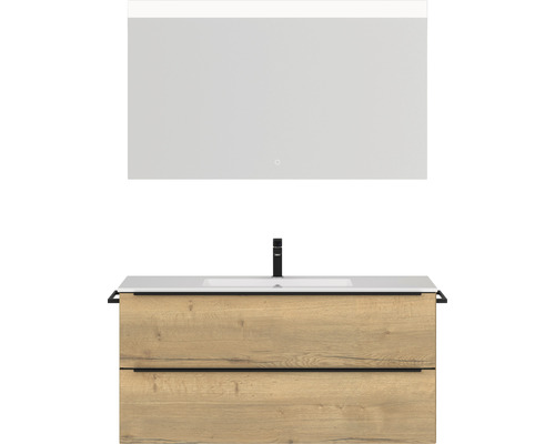 Badmöbel-Set NOBILIA Programm 1 BxHxT 121 x 169,1 x 48,7 cm Frontfarbe eiche natur mit Möbel-Waschtisch weiß und Spiegel mit LED-Beleuchtung Griffleiste schwarz 135