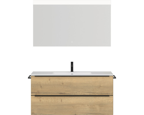 Badmöbel-Set NOBILIA Programm 1 BxHxT 121 x 169,1 x 48,7 cm Frontfarbe eiche natur mit Möbel-Waschtisch weiß und Spiegel mit LED-Beleuchtung Griffleiste schwarz 135 Waschtischkombination mit Spiegel und zwei Schubladen