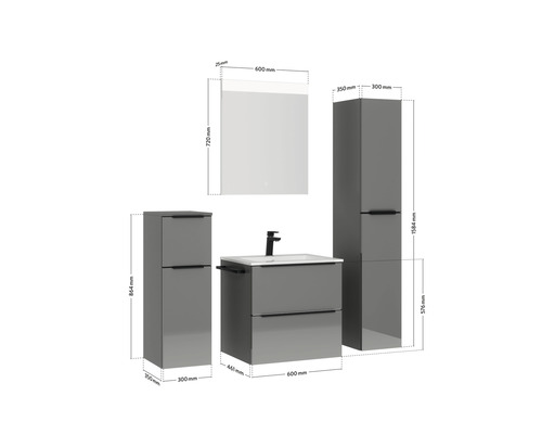 Abbildung eines Badezimmersets mit Waschtisch, Spiegelschrank und Hochschrank mit den jeweiligen Maßen.