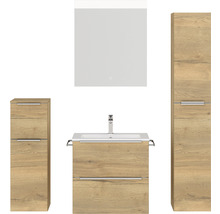Badmöbel-Set NOBILIA Programm 1 BxHxT 140 x 169,1 x 48,7 cm Frontfarbe eiche natur mit Möbel-Waschtisch weiß und Spiegel mit LED-Beleuchtung Midischrank Unterschrank Griffleiste chrom matt 031