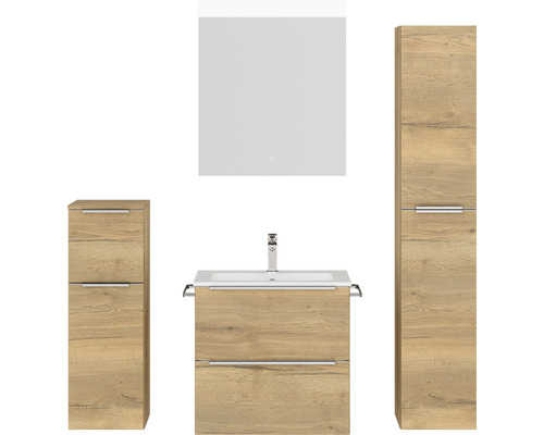 Badmöbel-Set NOBILIA Programm 1 BxHxT 140 x 169,1 x 48,7 cm Frontfarbe eiche natur mit Möbel-Waschtisch weiß und Spiegel mit LED-Beleuchtung Midischrank Unterschrank Griffleiste chrom matt 031 Badezimmer Set mit Waschtisch, Waschbecken, Spiegelschrank und zwei Hochschränken