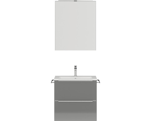 Badmöbel-Set NOBILIA Programm 1 BxHxT 61 x 169,1 x 48,7 cm Frontfarbe grau hochglanz mit Möbel-Waschtisch und Spiegelschrank 1-türig mit LED-Beleuchtung Griffleiste chrom matt 021 Waschtischunterschrank mit Waschbecken und Spiegelschrank für das Badezimmer