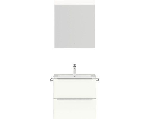 Badmöbel-Set NOBILIA Programm 1 BxHxT 61 x 169,1 x 48,7 cm Frontfarbe weiß hochglanz mit Möbel-Waschtisch weiß und Spiegel mit LED-Beleuchtung Griffleiste chrom matt 011
