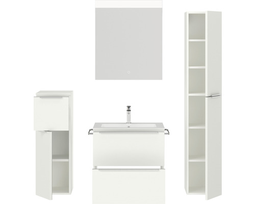 Weißes Badezimmerset mit Waschtisch, Spiegelschrank und Hochschrank