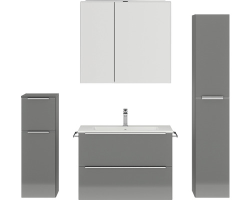 Badmöbel-Set NOBILIA Programm 1 BxHxT 160 x 169,1 x 48,7 cm Frontfarbe grau hochglanz mit Möbel-Waschtisch und Spiegelschrank 2-türig mit LED-Beleuchtung Unterschrank Midischrank Griffleiste chrom matt 076 Badezimmer-Set mit Waschbeckenunterschrank, Spiegelschrank und zwei Hochschränken