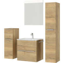Badmöbel-Set NOBILIA Programm 1 BxHxT 140 x 169,1 x 48,7 cm Frontfarbe eiche natur mit Möbel-Waschtisch weiß und Spiegel mit LED-Beleuchtung Midischrank Unterschrank Griffleiste chrom matt 031