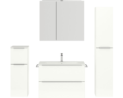 Badmöbel-Set NOBILIA Programm 1 BxHxT 160 x 169,1 x 48,7 cm Frontfarbe weiß hochglanz mit Möbel-Waschtisch und Spiegelschrank 2-türig mit LED-Beleuchtung Unterschrank Midischrank Griffleiste chrom matt 074 Badezimmer-Set mit Waschbeckenunterschrank, Spiegelschrank und zwei Hochschränken