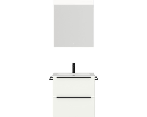 Badmöbel-Set NOBILIA Programm 1 BxHxT 61 x 169,1 x 48,7 cm Frontfarbe weiß matt mit Möbel-Waschtisch weiß und Spiegel mit LED-Beleuchtung Griffleiste schwarz 010