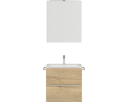 Badmöbel-Set NOBILIA Programm 1 BxHxT 61 x 169,1 x 48,7 cm Frontfarbe eiche natur mit Möbel-Waschtisch und Spiegelschrank 1-türig mit LED-Beleuchtung Griffleiste chrom matt 023 Badezimmerensemble mit Waschtischunterschrank, Waschbecken und Spiegelschrank für das Badezimmer