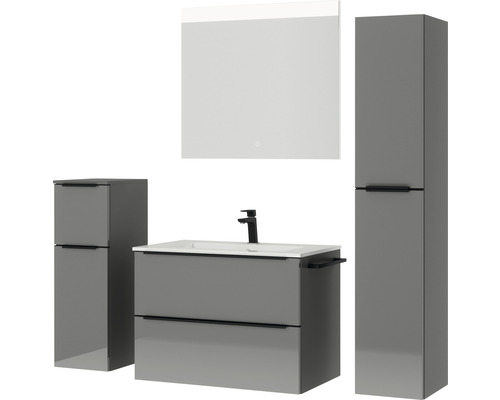 Badezimmermöbelset mit Waschtisch, Waschbecken, Spiegelschrank und Hochschränken