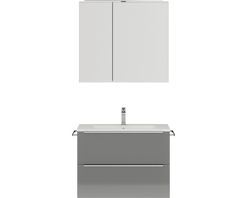 Badmöbel-Set NOBILIA Programm 1 BxHxT 81 x 169,1 x 48,7 cm Frontfarbe grau hochglanz mit Möbel-Waschtisch und Spiegelschrank 2-türig mit LED-Beleuchtung Griffleiste chrom matt 060 Badezimmerset mit Spiegelschrank, Waschbeckenunterschrank und Waschtisch