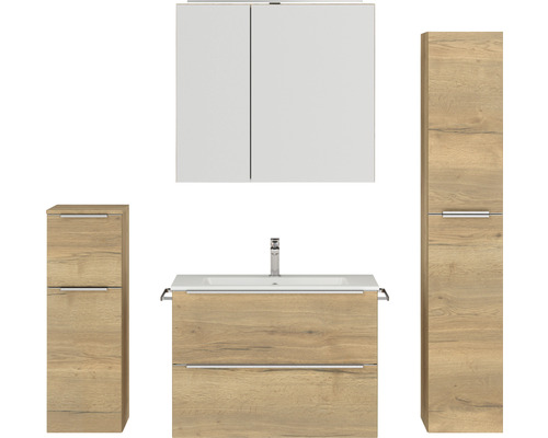Badmöbel-Set NOBILIA Programm 1 BxHxT 160 x 169,1 x 48,7 cm Frontfarbe eiche natur mit Möbel-Waschtisch und Spiegelschrank 2-türig mit LED-Beleuchtung Unterschrank Midischrank Griffleiste chrom matt 078 Badezimmermöbel Set mit Waschtisch, Spiegelschrank und Hochschränken im Holzdekor