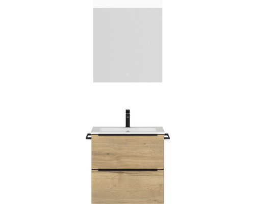 Badmöbel-Set NOBILIA Programm 1 BxHxT 61 x 169,1 x 48,7 cm Frontfarbe eiche natur mit Möbel-Waschtisch weiß und Spiegel mit LED-Beleuchtung Griffleiste schwarz 016