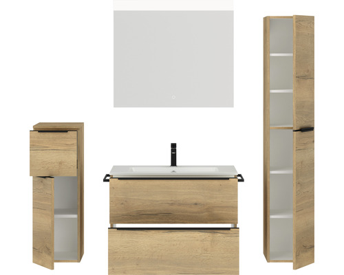 Badezimmerset mit Waschbecken, Spiegel, Waschtischunterschrank und Seitenschrank in Holzoptik