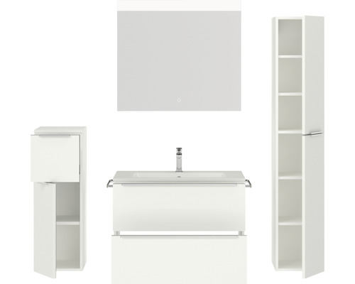 Badezimmer-Set mit Waschtisch, Spiegelschrank und Hochschrank für eine stilvolle Badgestaltung