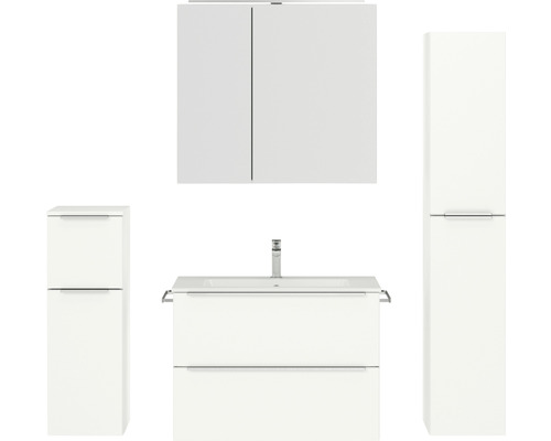 Badmöbel-Set NOBILIA Programm 1 BxHxT 160 x 169,1 x 48,7 cm Frontfarbe weiß matt mit Möbel-Waschtisch und Spiegelschrank 2-türig mit LED-Beleuchtung Unterschrank Midischrank Griffleiste chrom matt 072 Badezimmer-Set mit Waschtisch, Spiegelschrank und Hochschrank für eine moderne Badgestaltung