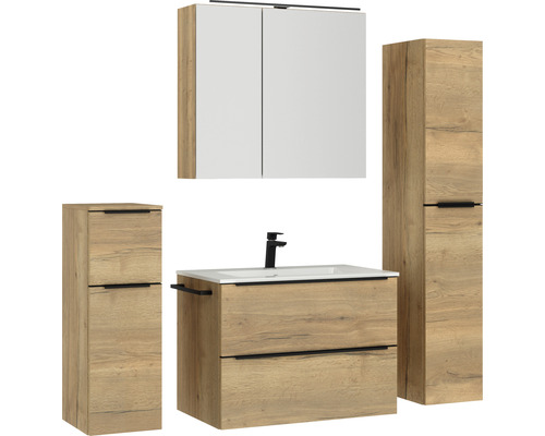 Badezimmer Set mit Waschtisch, Spiegelschrank und zwei Hochschränken in Holzoptik