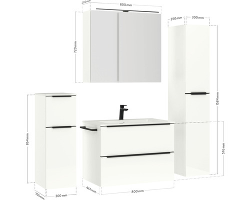 Badezimmermöbelset mit Waschbeckenunterschrank, Waschbecken, Spiegelschrank und Hochschrank