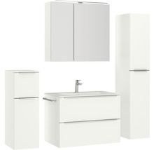 Weißes Badezimmer-Set mit Waschbeckenunterschrank, Waschbecken, Spiegelschrank und Hochschrank
