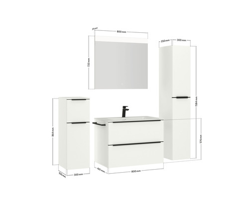 Badezimmerensemble mit Waschtischunterschrank, Waschbecken, Spiegelschrank und Hochschränken mit Maßangaben